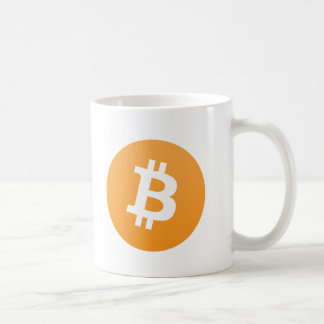 Bitcoin original orange and white logo with text coffee mug