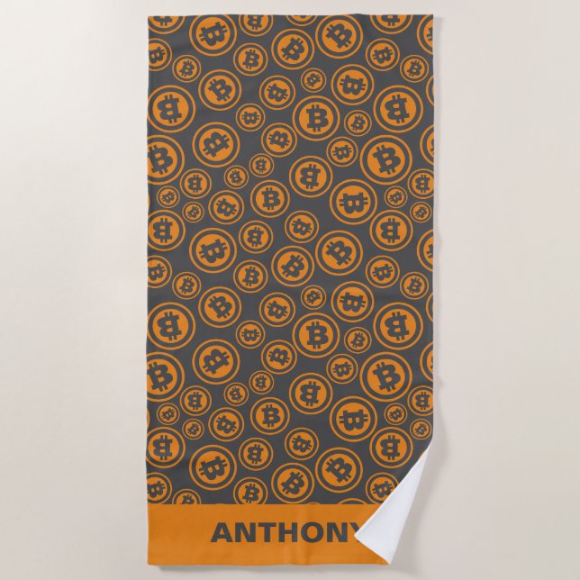Bitcoin Patterned Orange and Grey Personalized Beach Towel (Front)
