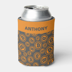 Bitcoin Patterned Orange and Grey Personalized Can Cooler