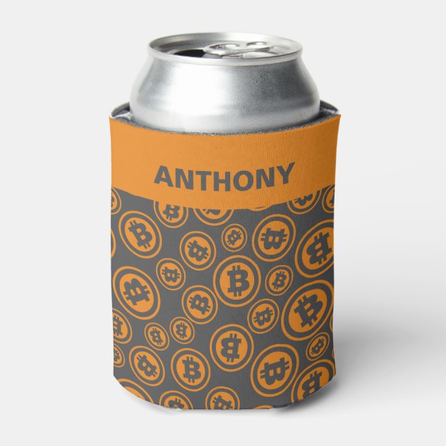 Bitcoin Patterned Orange and Grey Personalized Can Cooler (Can Front)