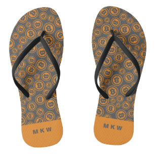 Bitcoin Patterned Orange and Grey Personalized Flip Flops