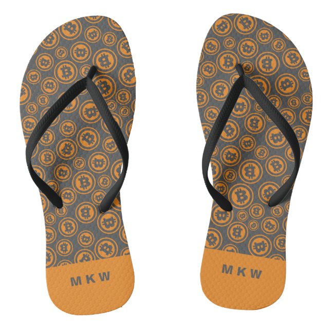 Bitcoin Patterned Orange and Grey Personalized Flip Flops (Footbed)
