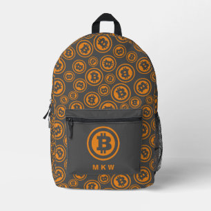 Bitcoin Patterned Orange and Grey Personalized Printed Backpack