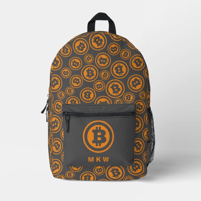 Bitcoin Patterned Orange and Grey Personalized Printed Backpack (Front)