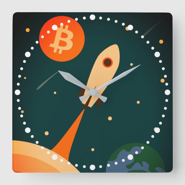 Bitcoin Rocket Square Wall Clock (Front)
