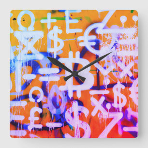Bitcoin Street Art (Orange Painting No. 2) Square Wall Clock