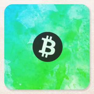 Bitcoin Watercolor (Style $ - Green Day) Square Paper Coaster