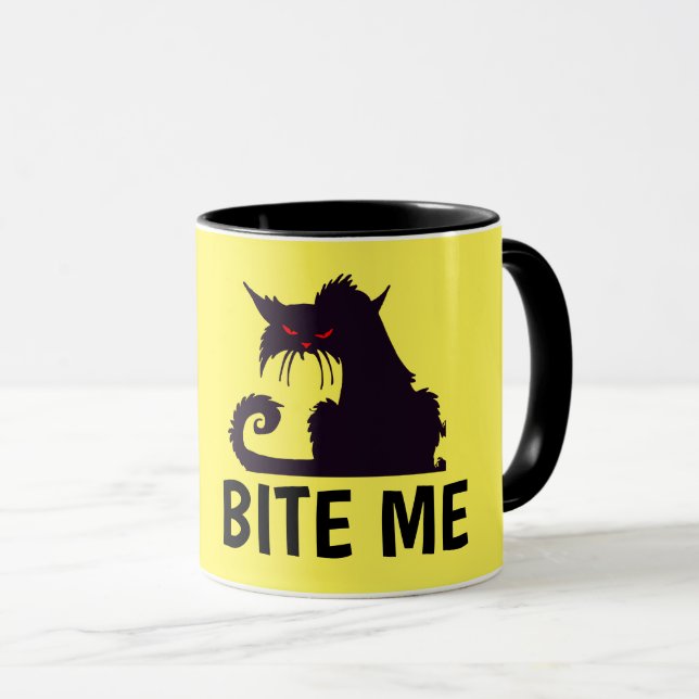 BITE ME, BLACK KITTY CAT FUNNY COFFEE MUGS (Front Right)
