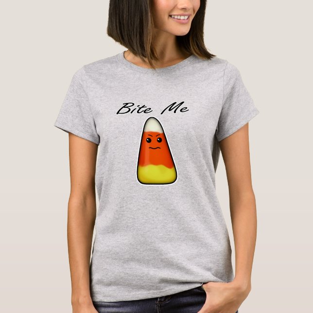 Bite Me, Cute Angry Candy Corn Cartoon Shirt (Front)