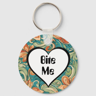 Bite Me Funny Heart Swirly Retro Design Keychain