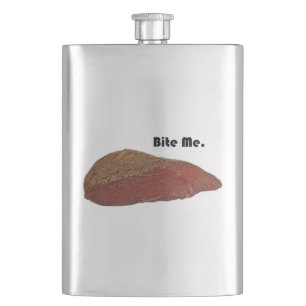 Bite Me Funny Steak Beef Pun Joke Hip Flask