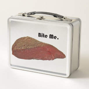 Bite Me Funny Steak Beef Pun Joke Metal Lunch Box