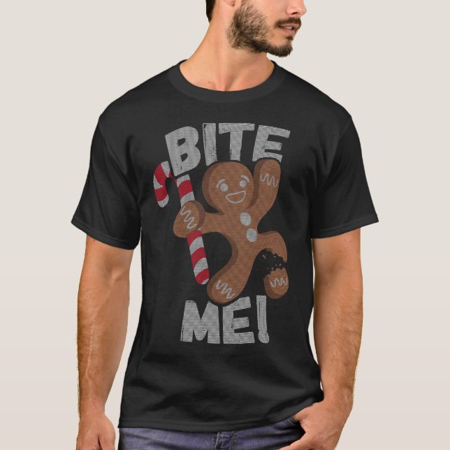 Bite Me Gingerbread Man Funny Christmas T-Shirt (Front)