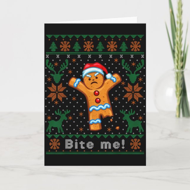 Bite Me Gingerbread Man - Funny Ugly Christmas Swe Card (Front)