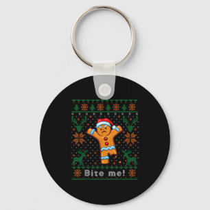 Bite Me Gingerbread Man - Funny Ugly Christmas Swe Keychain