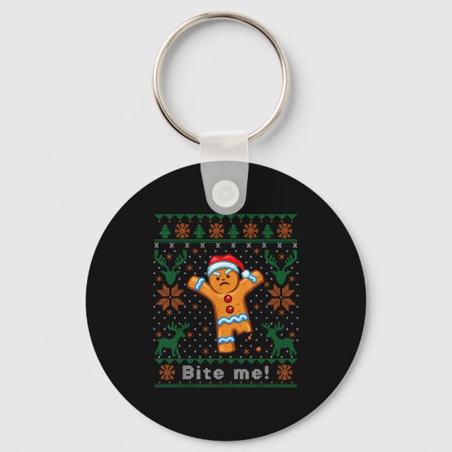 Bite Me Gingerbread Man - Funny Ugly Christmas Swe Keychain (Front)