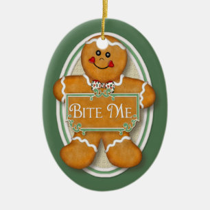 Bite Me Gingerbread Man - Oval 2 Ceramic Ornament