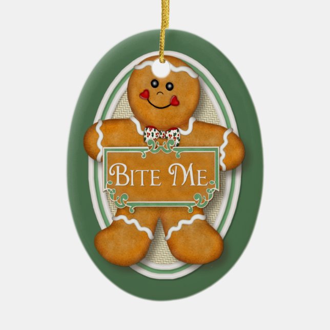 Bite Me Gingerbread Man -  Oval 2 Ceramic Ornament (Front)