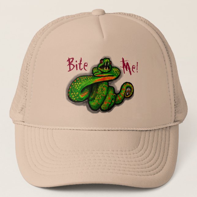 Bite Me! guys hat, snake bite, boyfriend gift Trucker Hat (Front)