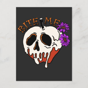 Bite Me - Halloween Skull Poison Apple & Flowers Postcard