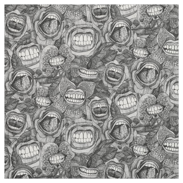 BITE ME orchids and roses BLACK WHITE Fabric (Swatch)