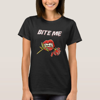 Bite Me Vampire Teeth With Rose   T-Shirt