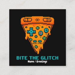  Bite the Glitch Retro 8-Bit Pixel Pizza Gamer  Square Business Card