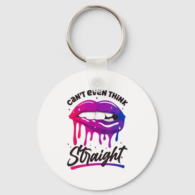 Biual Bi Pride Flag Mouth Can't Even Think Straigh Keychain (Front)