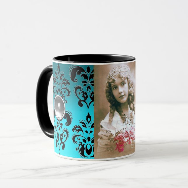 BLACJ BLUE DAMASK GEMSTONE  PHOTO TEMPLATE MUG (Front Left)