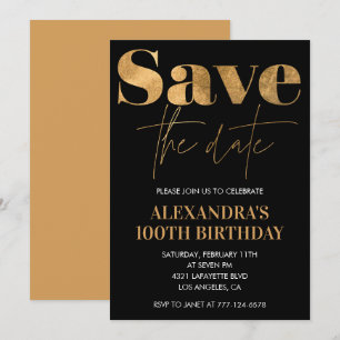 Black 100th birthday invitation Save the date Gold