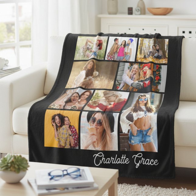 Black 10 Photo Collage Personalized Name Gift Fleece Blanket (Creator Uploaded)