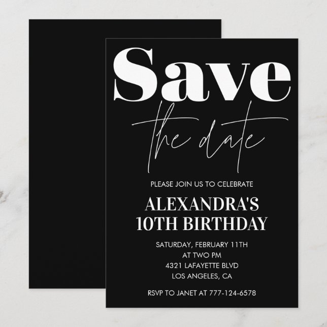 Black 10th birthday invitation Save the date White (Front/Back)