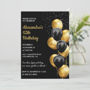 Black 12th birthday invitations Gold Glitter Glam 