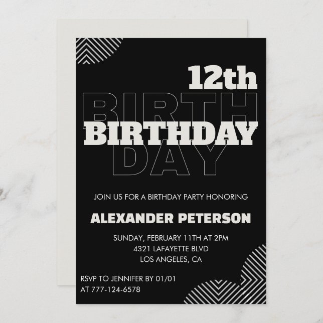 Black 12th birthday invitations Party Boy (Front/Back)