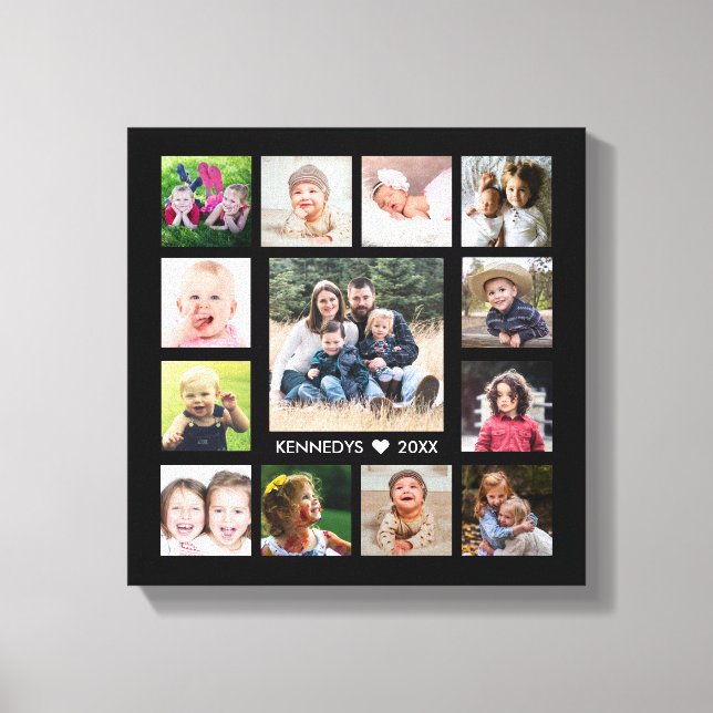 Black  13 Photo Collage Family Name Personalized  Canvas Print (Front)