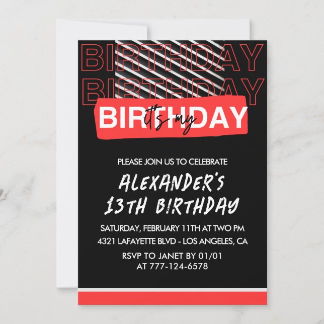 Black 13th birthday invitations boy Party Red (Front)