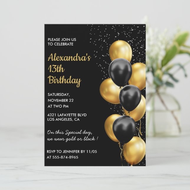 Black 13th birthday invitations Gold Glitter Glam  (Standing Front)