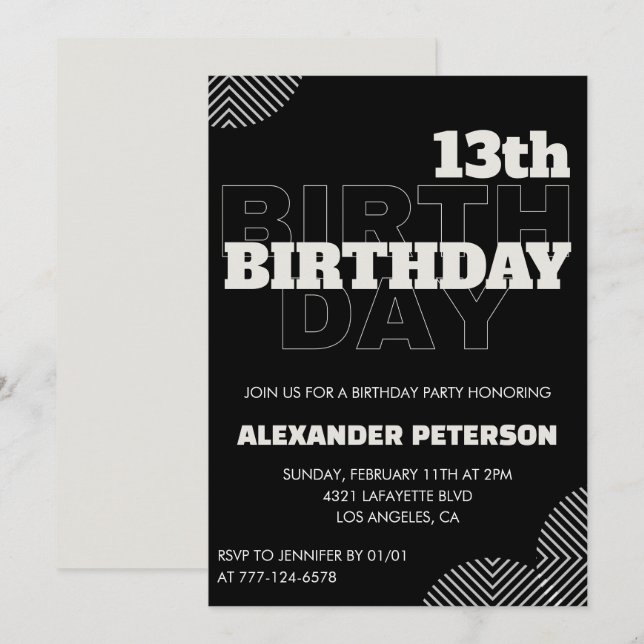 Black 13th birthday invitations Party Boy (Front/Back)