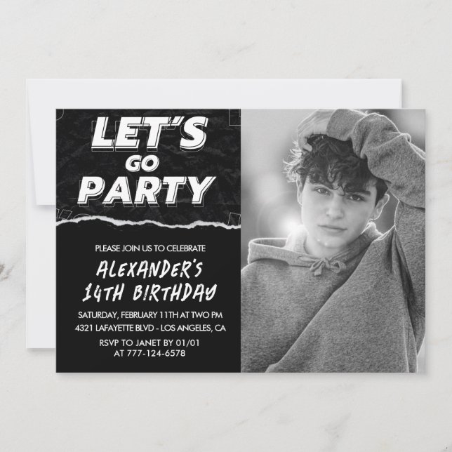 Black 14th birthday invitations Boy Photo  (Front)