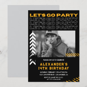 Black 14th birthday invitations Boy Photo Spray