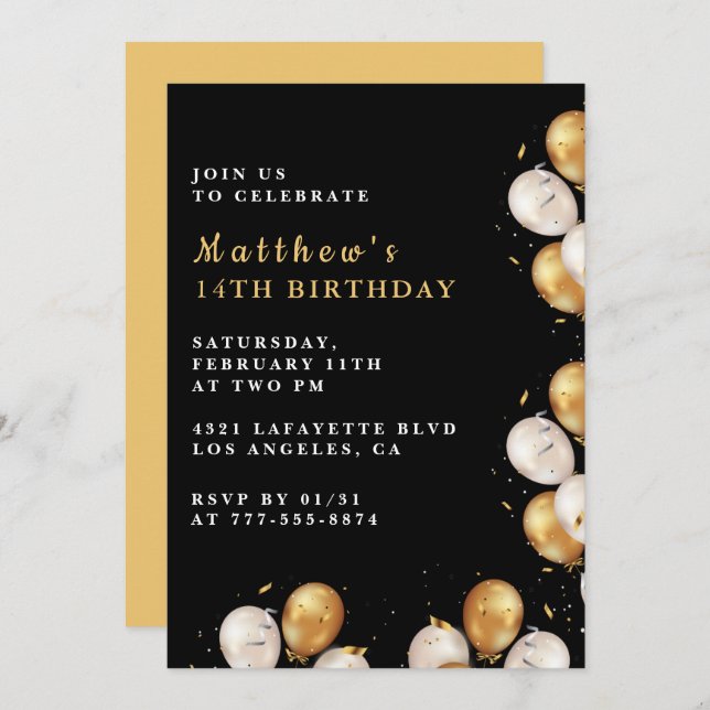 Black 14th birthday invitations Gold Balloon Boy (Front/Back)