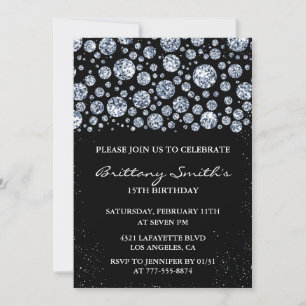 Black 15th birthday invitation Diamond Glitter