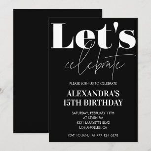 Black 15th birthday invitations Bold Typography