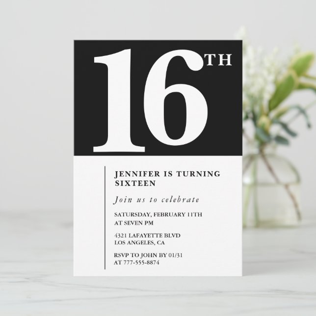 Black 16th birthday invitation Elegant Chic Simple (Standing Front)