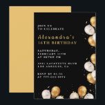Black 16th birthday invitations Gold Balloon<br><div class="desc">Black and gold 16th birthday invitations modern simple calligraphy typography feminine milestone classic elegant glam celebration</div>