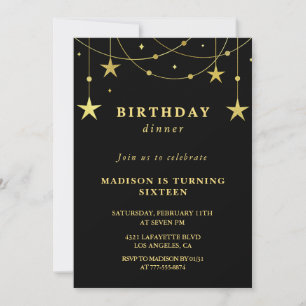 Black 16th birthday invitations Gold Stars