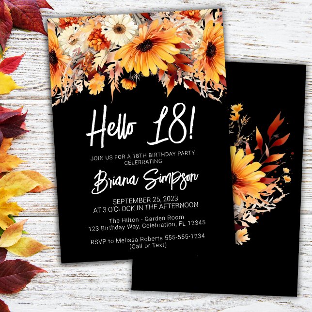Black 18th Birthday Fall Floral Invitation (Creator Uploaded)