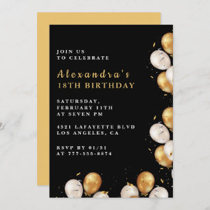 Black 18th birthday invitations Gold Balloon 