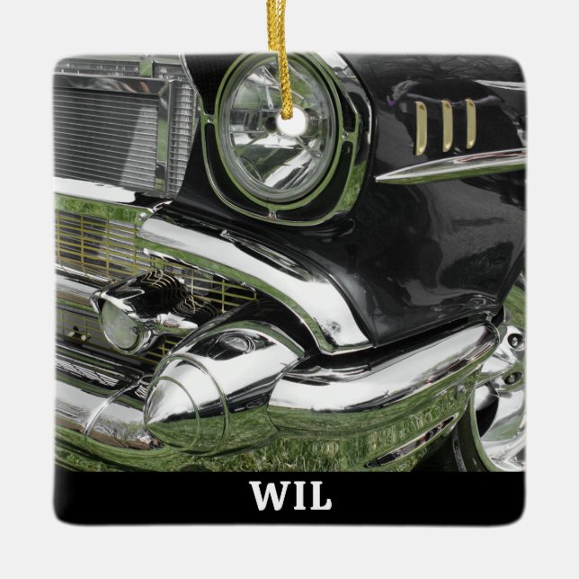 Black 1957 Chevy Car, Name on Black, or Your Photo Ceramic Ornament (Front)