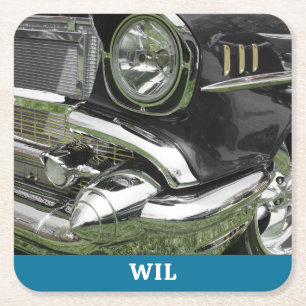 Black 1957 Chevy Vintage Car, Name or Your Photo Square Paper Coaster